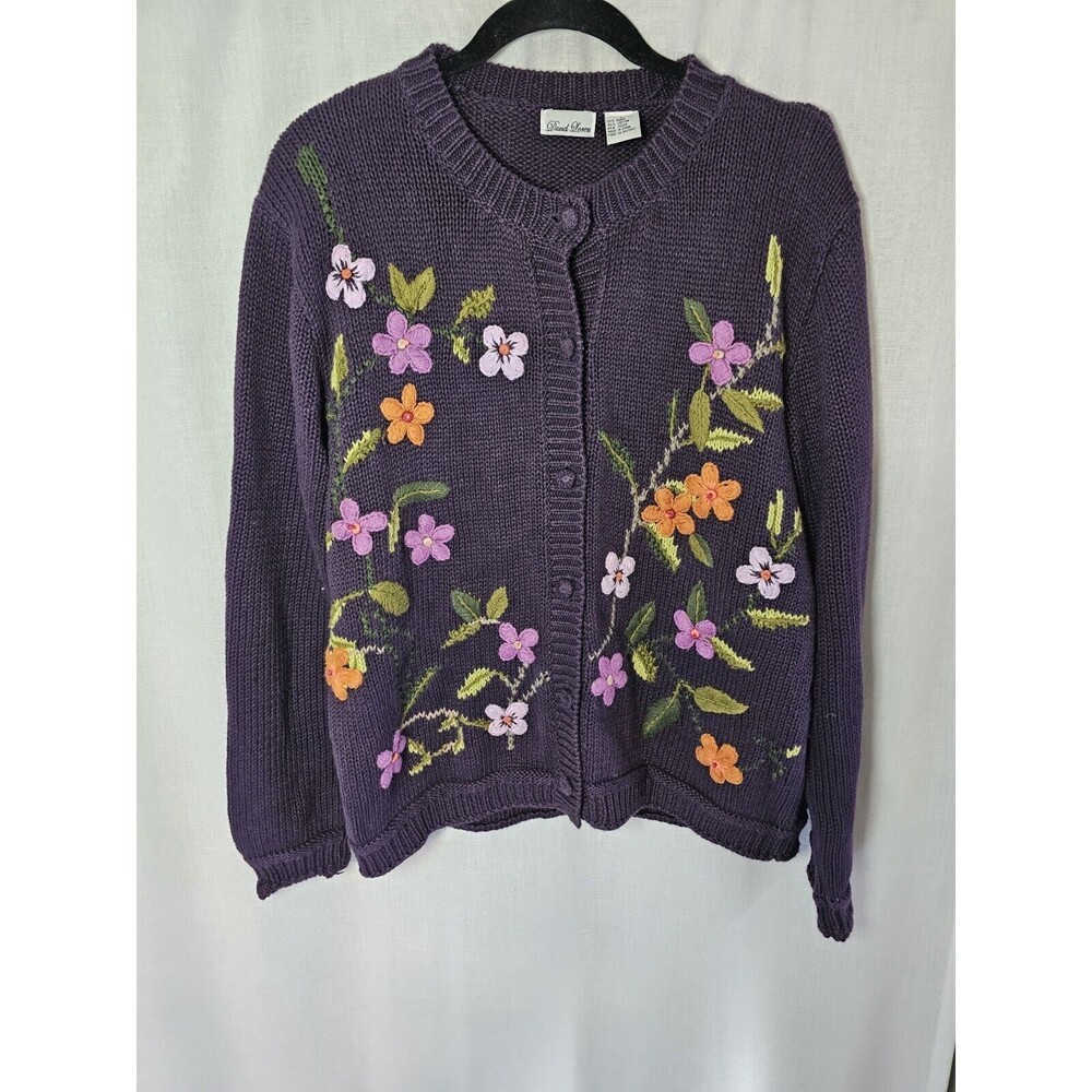 Vintage David Loren Womens L Cardigan Purple Floral Embroidered Grandma Sweater